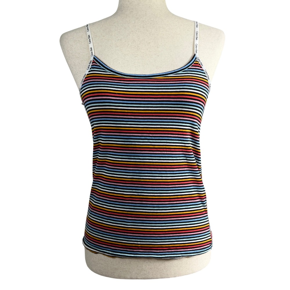 Calvin Klein Womens Small Striped Cami Tank Top Logo Straps Y2K Sleepwear
